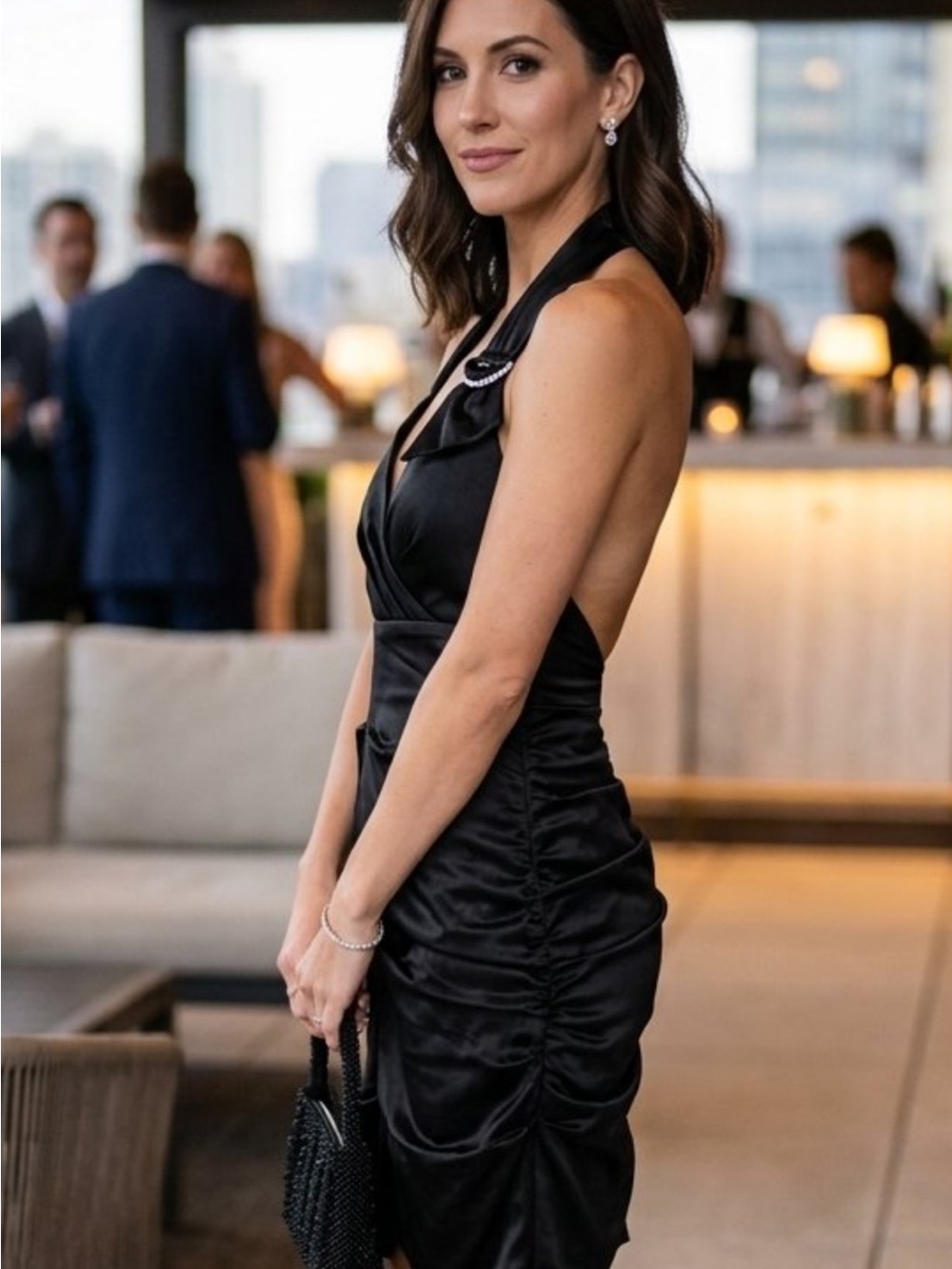le chateau Black Backless Halter Satin Ruched Cocktail Dress
